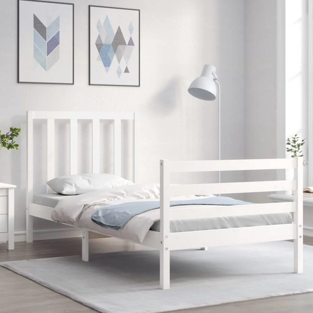 Estrutura de cama com cabeceira 100x200cm madeira maciça branco