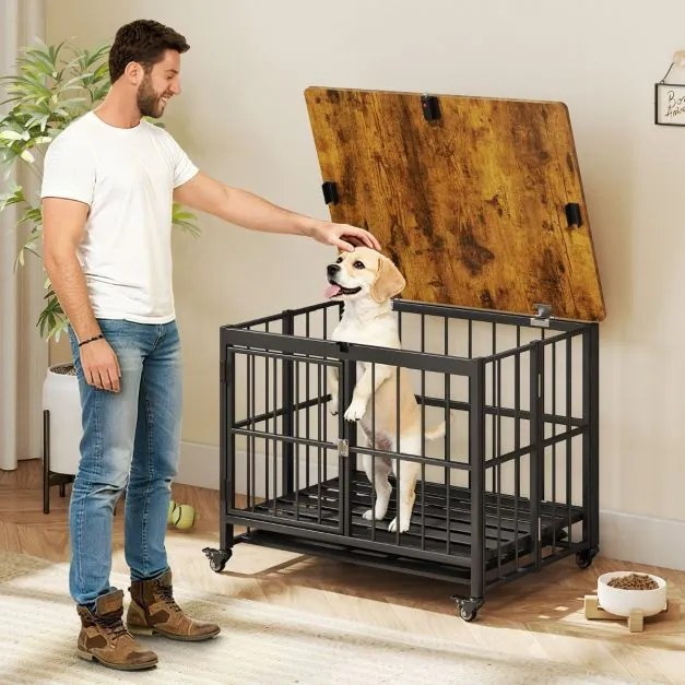Gaiola dobrável para cães 80 cm x 61 cm x 64 cm com bandeja removível  resistente a mordidas com porta Rodas bloqueáveis Castanha