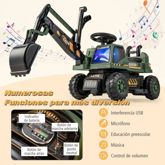 Trator escavadora infantil a bateria 6V com assento giratório para frente/para trás música de movimento 113 x 36 x 39 cm Verde