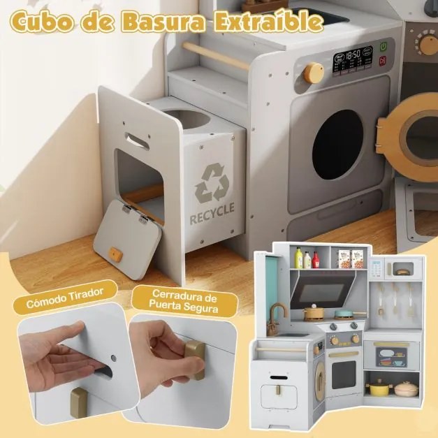 Cozinha de brincar de canto com luzes e sons. Inclui lava-loiça, fogão, micro-ondas, forno, máquina de lavar e acessórios para crianças com mais de 3