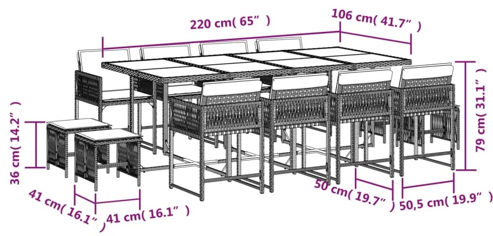 13 pcs conjunto de jantar p/ jardim com almofadões vime PE bege