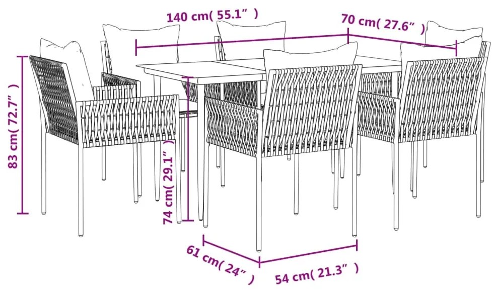 7 pcs conjunto de jantar p/ jardim c/ almofadões vime PE e aço