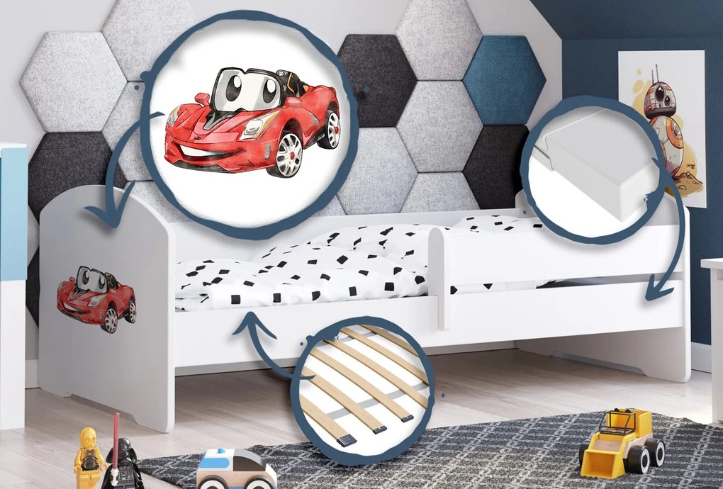 Cama infantil Luk carro de corrida 160x80 branca com grade - colchão e estrado incluído