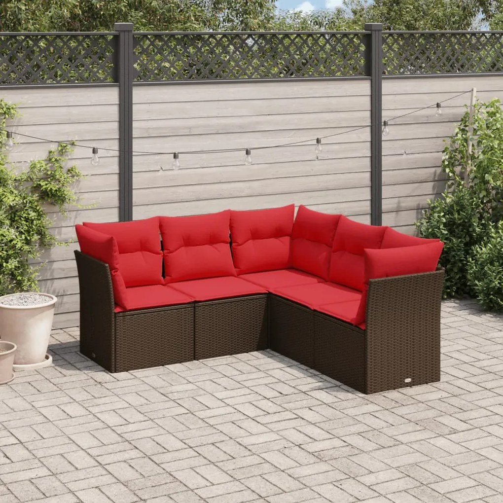 vidaXL 5 pcs conjunto sofás p/ jardim c/ almofadões vime PE castanho