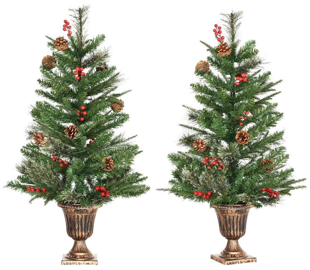 HOMCOM Conjunto de 2 Árvores de Natal Artificial 90cm com Vaso Ignífugo com 110 Ramos 70 Bagas 8 Pinhas e Folhas de PVC Verde