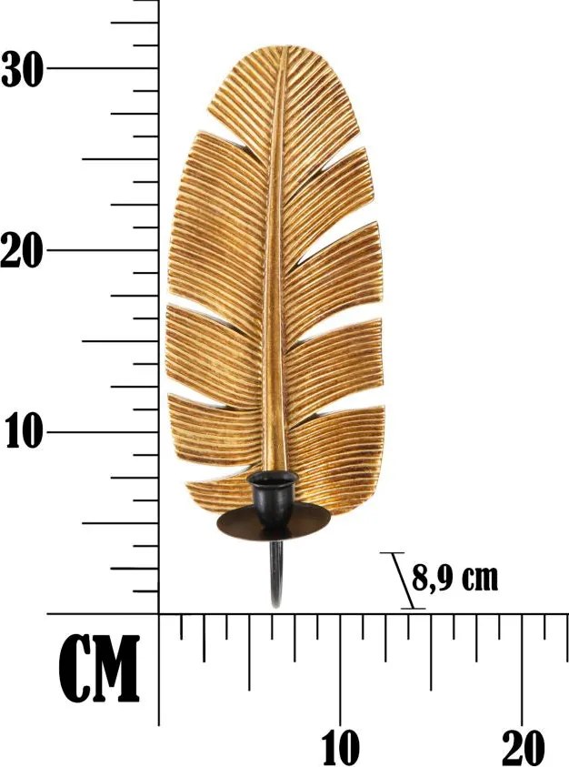 Castiçal de Parede "Leaf" em Metal Dourado e Preto – 12,8x8,9x31,2 cm