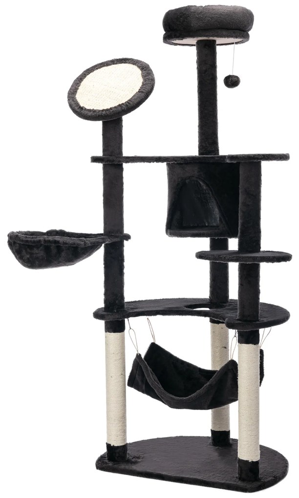 PawHut Árvore Arranhador para Gatos Grande Altura 153cm Torre de Escalada para Gatos com Caverna Redes Plataformas Postes Arranhadores de Sisal e Bola Suspensa Cinza Escuro