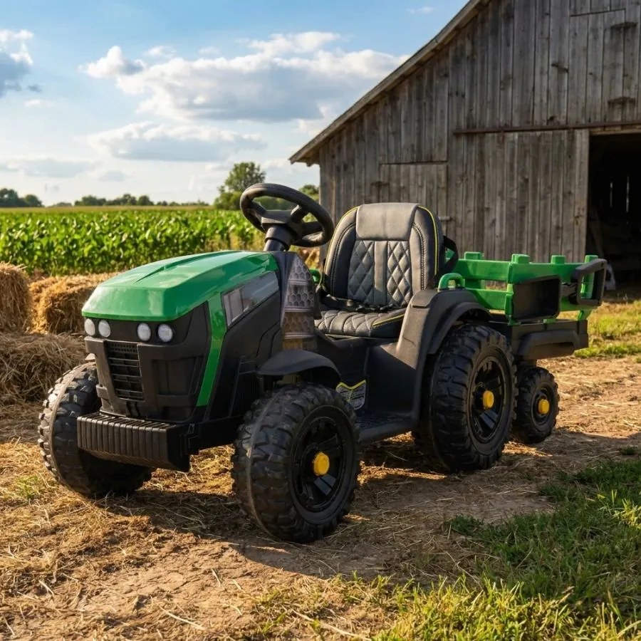 Trator elétrico para Crianças 12V Titanium Com reboque, Rodas EVA,	Assento de imitação couro Verde