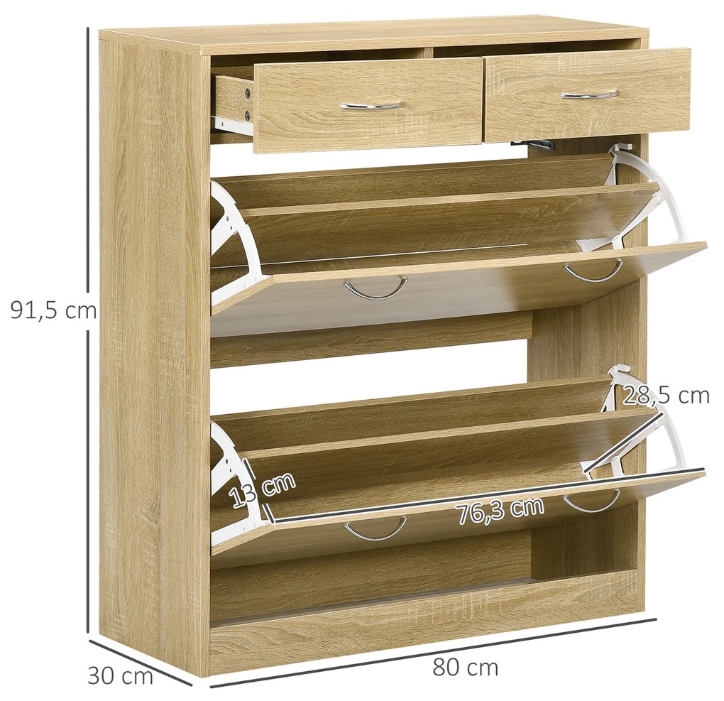 HOMCOM Sapateira Móvel para Sapatos Estreito com 2 Compartimentos e 2 Gavetas para 12 Pares de Sapatos para Sala de Estar Entrada Corredor 80x30x91,5 cm Carvalho