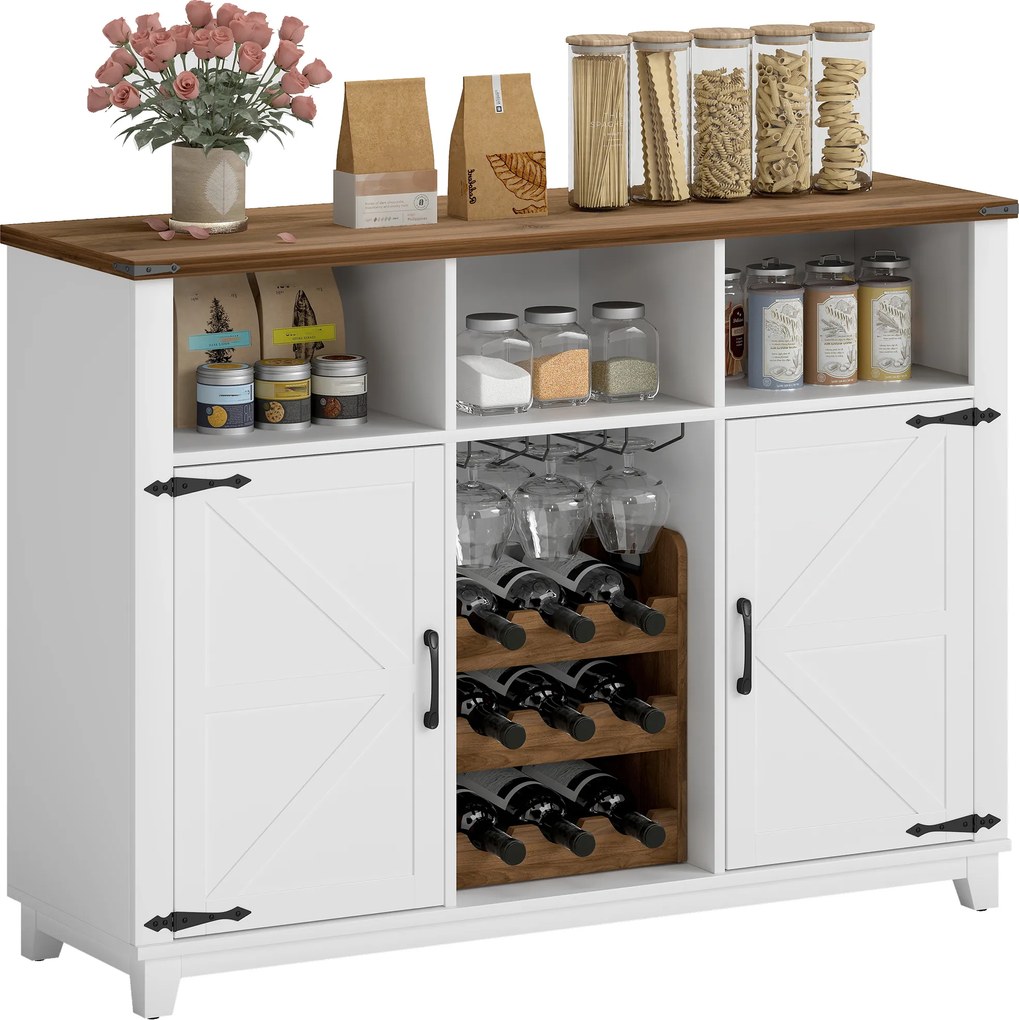 Aparador de Cozinha Rústico com Prateleiras Ajustáveis e Suporte para Garrafas 120x37x88 cm Branco