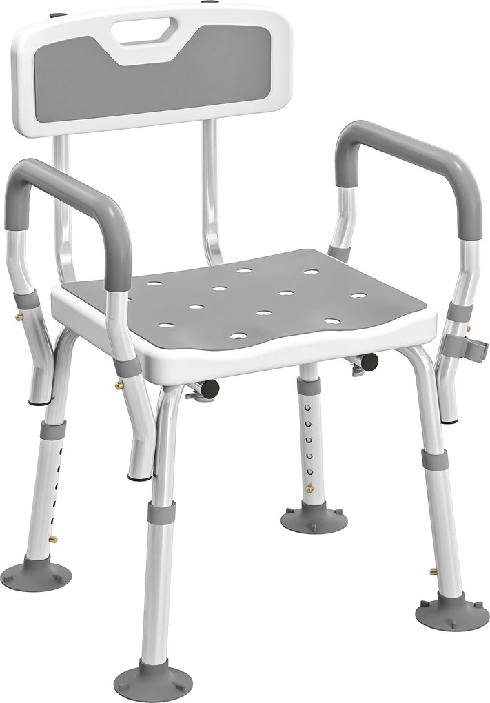 Banco de duche, cadeira de duche ergonómica, altura ajustável, pés antiderrapantes, 56,5 x 53,5 x 87 cm, branco e cinzento