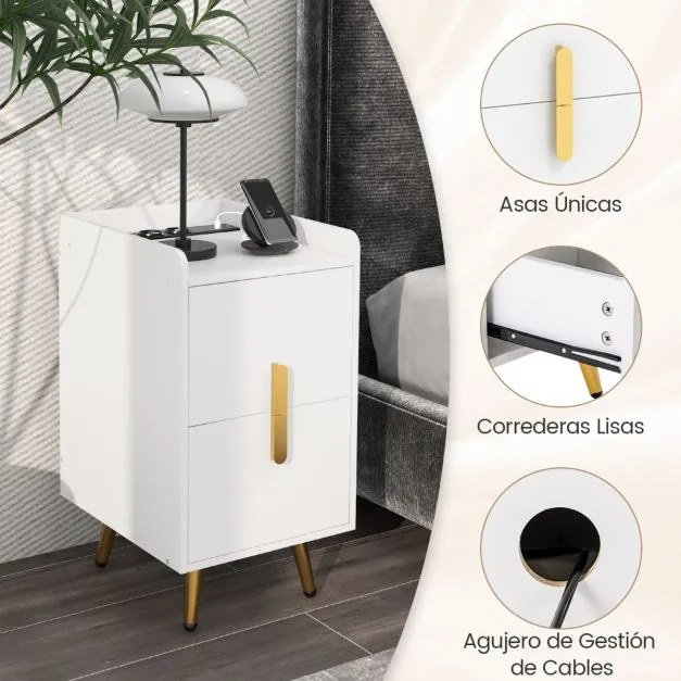 Mesa de cabeceira ou mesa apoio com 2 gavetas 40 x 32 x 60 cm e Estação de carregamento Pernas de metal resistentes branco