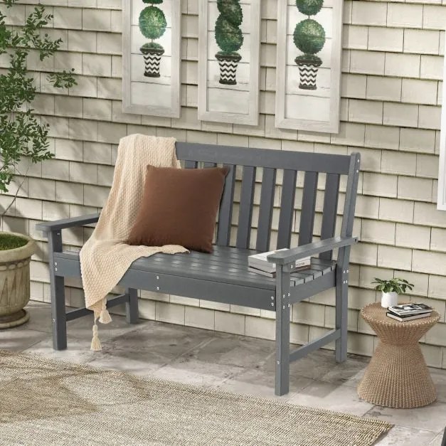 Banco de madeira Jardim PEAD com encosto e apoios de braços para terraço Varanda Resistente às intempéries para 2 pessoas 132 x 65 x 91 cm Cinzento