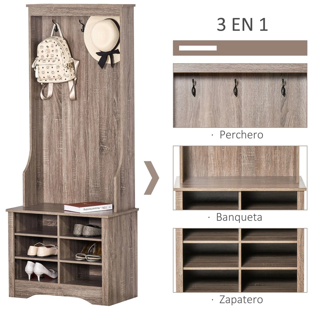 HOMCOM Móvel Cabide de Entrada com 3 Ganchos e 6 Compartimentos para Sapatos Armário de Entrada com Cabides 68,5x39,5x173cm Madeira
