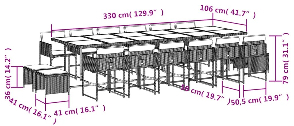 17 pcs conjunto de jantar p/ jardim c/ almofadões vime PE preto