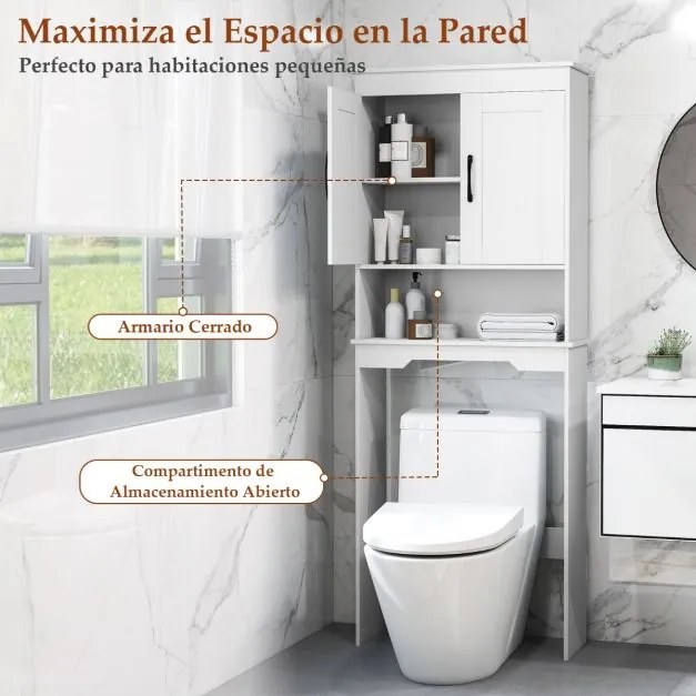 Armário Casa de Banho sobre a Sanita de 63 x 24 x 168 cm com 2 portas e Estante ajustável Economizador de espaço Branco