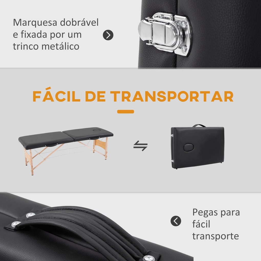 Marquesa de Massagem Dobrável Mesa de Massagem Portátil com Apoio para a Cabeça Estrutura de Madeira Altura Ajustável e Bolsa de Transporte 186x60x58-