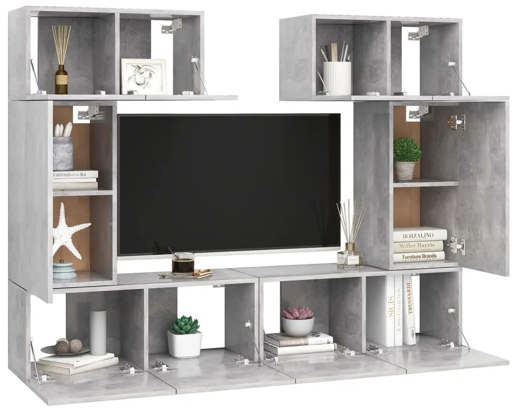 6 pcs conjunto de móveis de TV contraplacado cinzento cimento