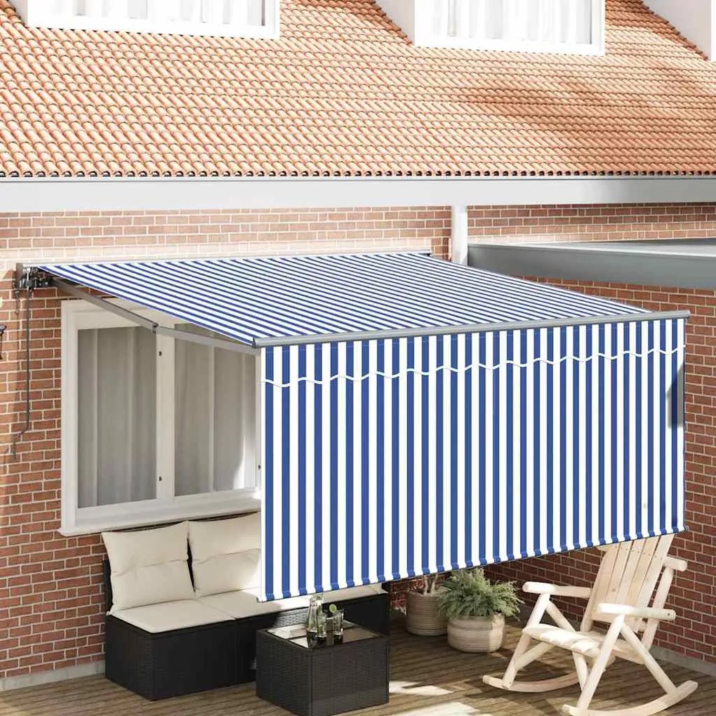vidaXL Toldo Retrátil Azul e Branco 350 x 250 cm Poliéster e Alumínio