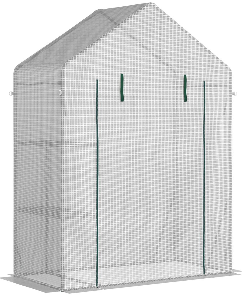 Outsunny Estufa de Jardim 143x73x195cm Estufa de Aço com 2 Prateleiras e Porta Enrolável para Cultivos de Plantas Branco