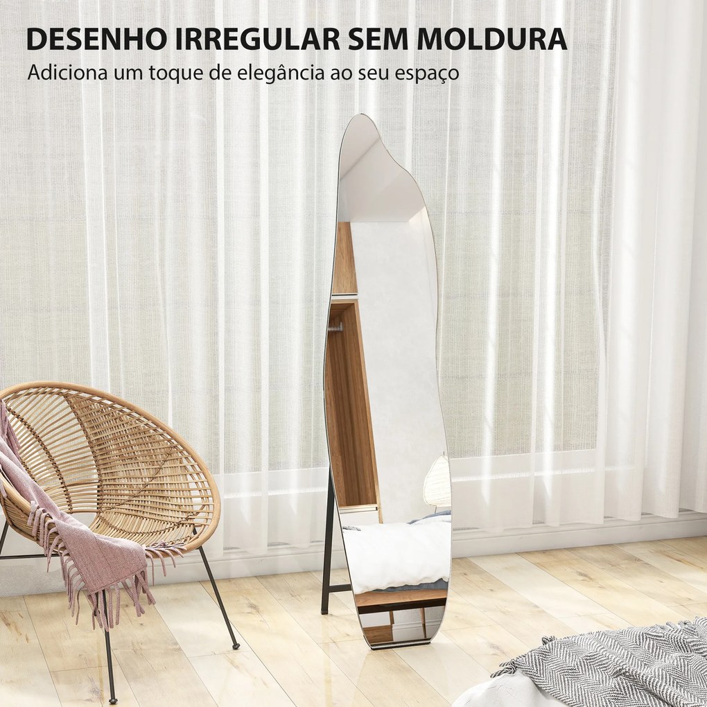 Espelho de Pé 160x40 cm sem Moldura Espelho de Corpo Inteiro Forma Irregular com Suporte Metálico Preto