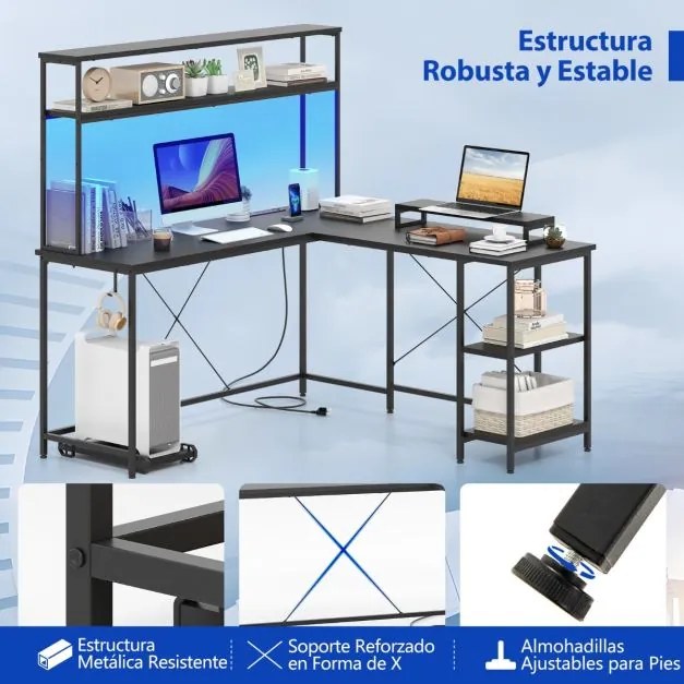 Secretária 145 x 145 x 147 cm em forma de L convertível com tomadas e portas USB e iluminação inteligente preta