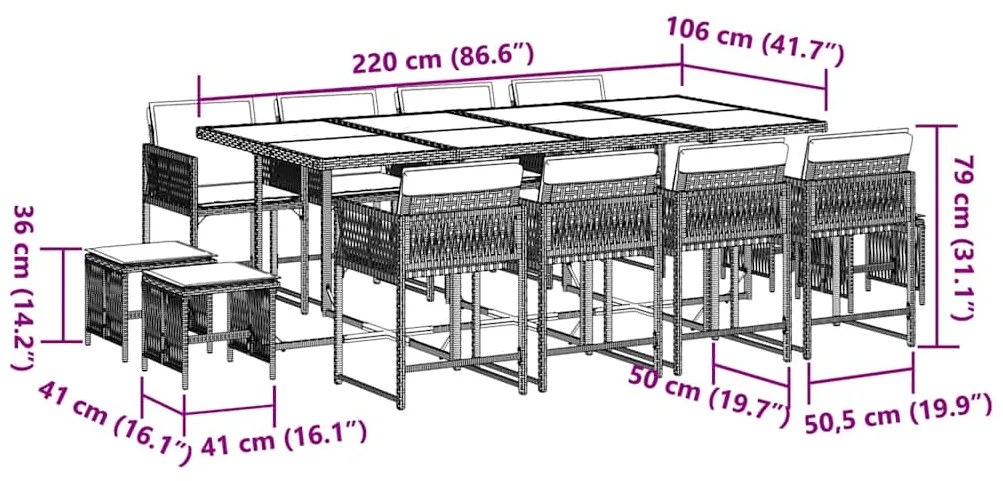 13 pcs conjunto de jantar p/ jardim com almofadões vime PE bege