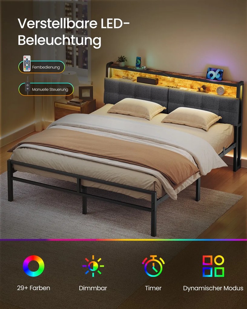 Cama de metal 160 x 200 cm (COLCHÃO NÃO INCLUIDO), estrutura com cabeceira, cama com espaço de arrumação e iluminação LED Preto mate, castanho vintage