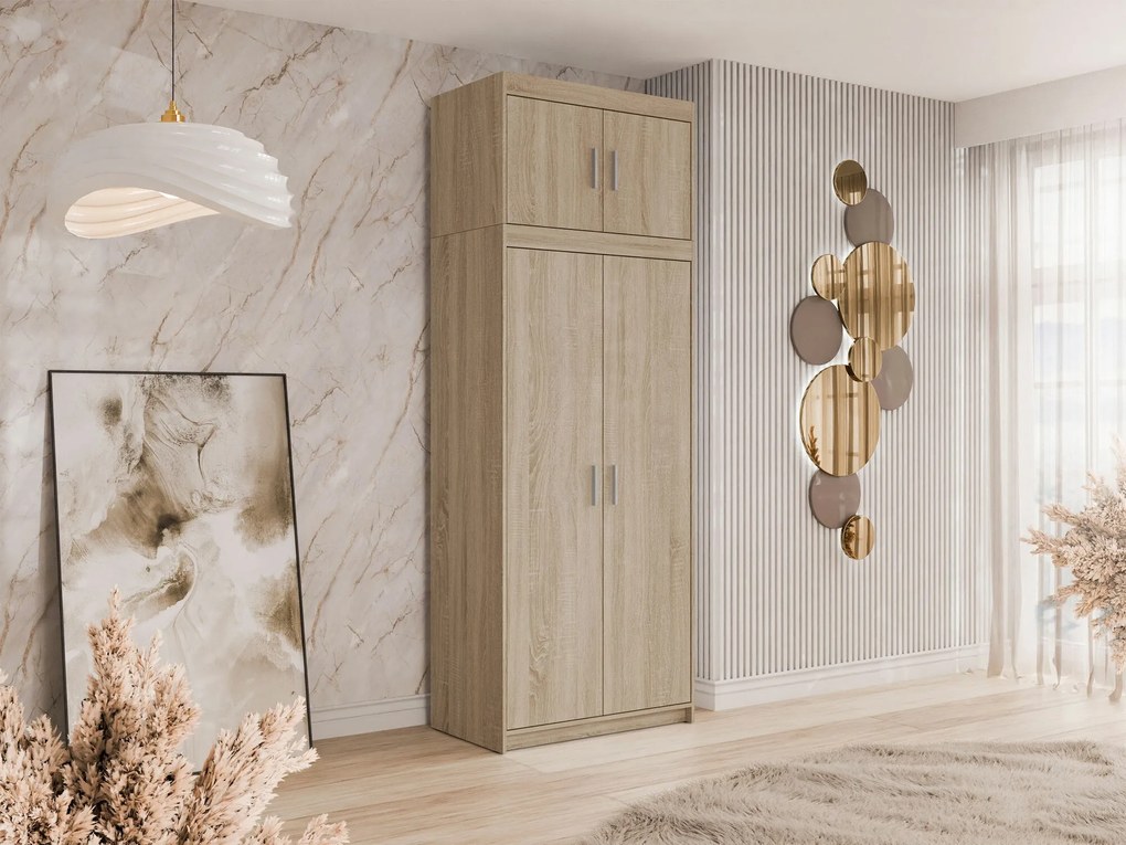 Roupeiro Novduni 103, Carvalho sonoma, 246x90x53cm, 99.5 kg, Portas para roupeiro: Com dobradiças, Número de prateleiras: 6, Número de prateleiras: 6