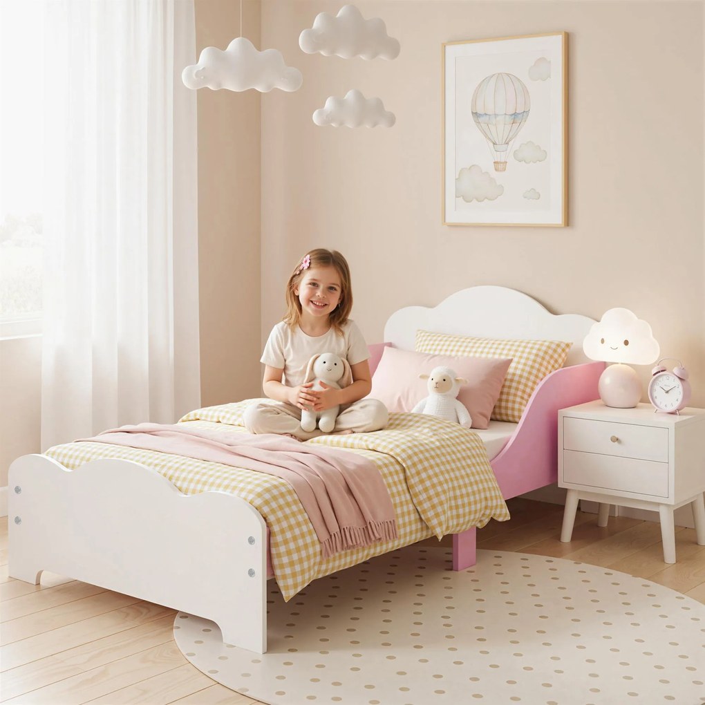 Cama infantil 70 x 140 cm, cama infantil com barreira de segurança e base de ripas de madeira, cor-de-rosa (colchão não incluído)