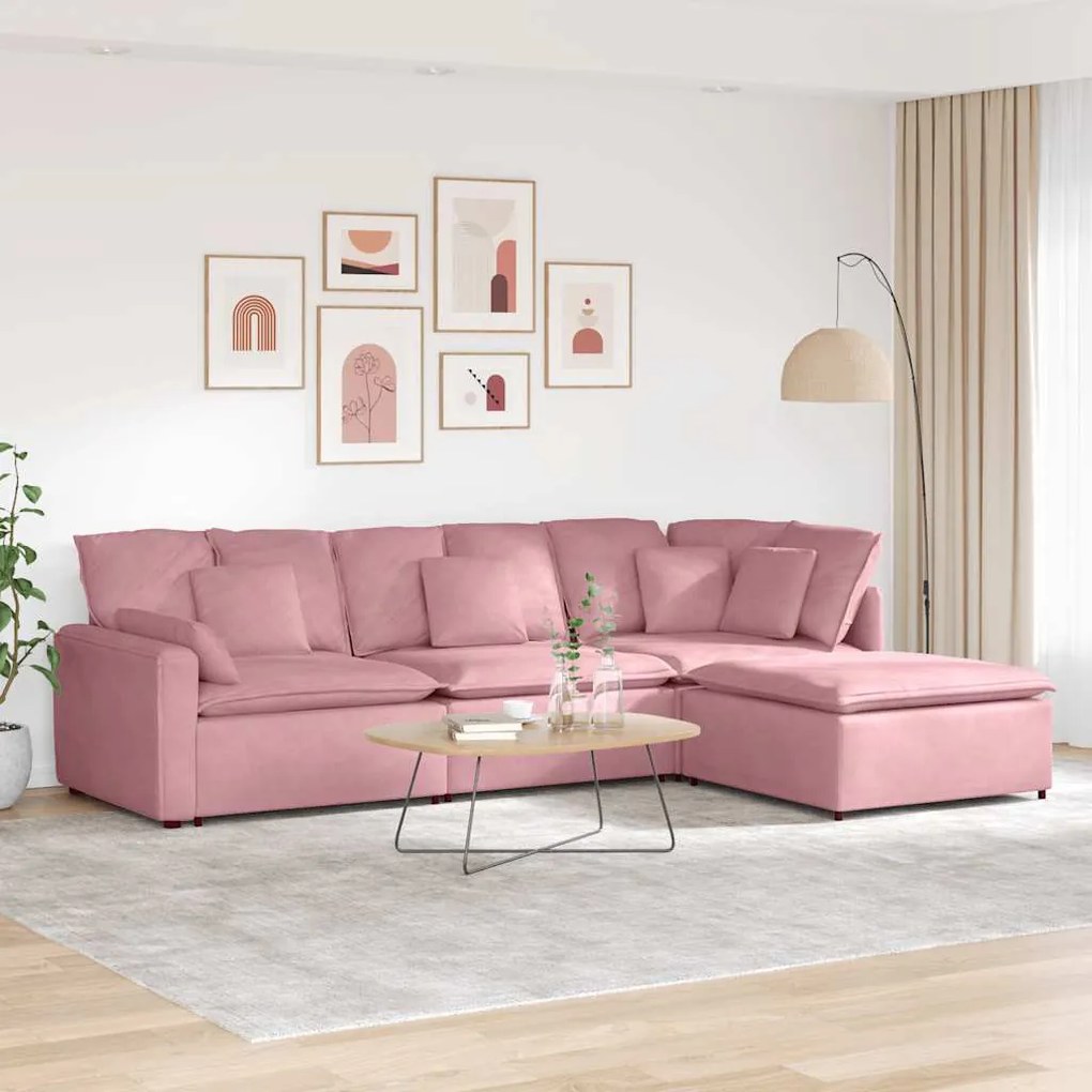 vidaXL Sofá modular com pufes e almofadas veludo rosa