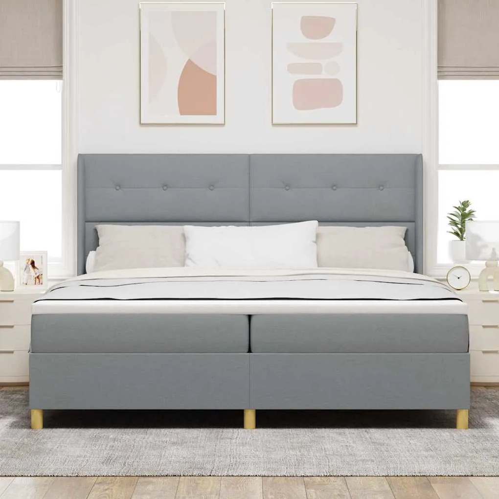 Cama Box com Colchão e Luz LED Cinza Claro 200x200 cm em Tecido