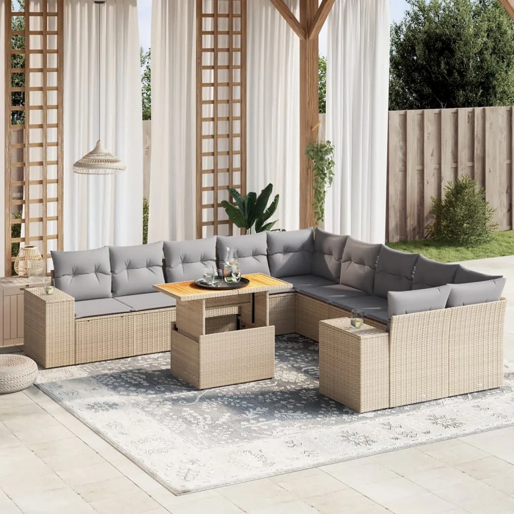 11 pcs conjunto sofás de jardim c/ almofadões vime PE bege