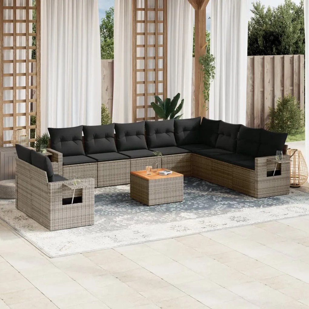 11 pcs conjunto sofás de jardim c/ almofadões vime PE cinzento