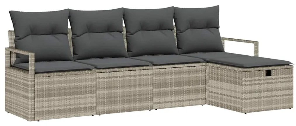 Conjunto de sofá de jardim com 5 peças e almofadas cinza claro em poly