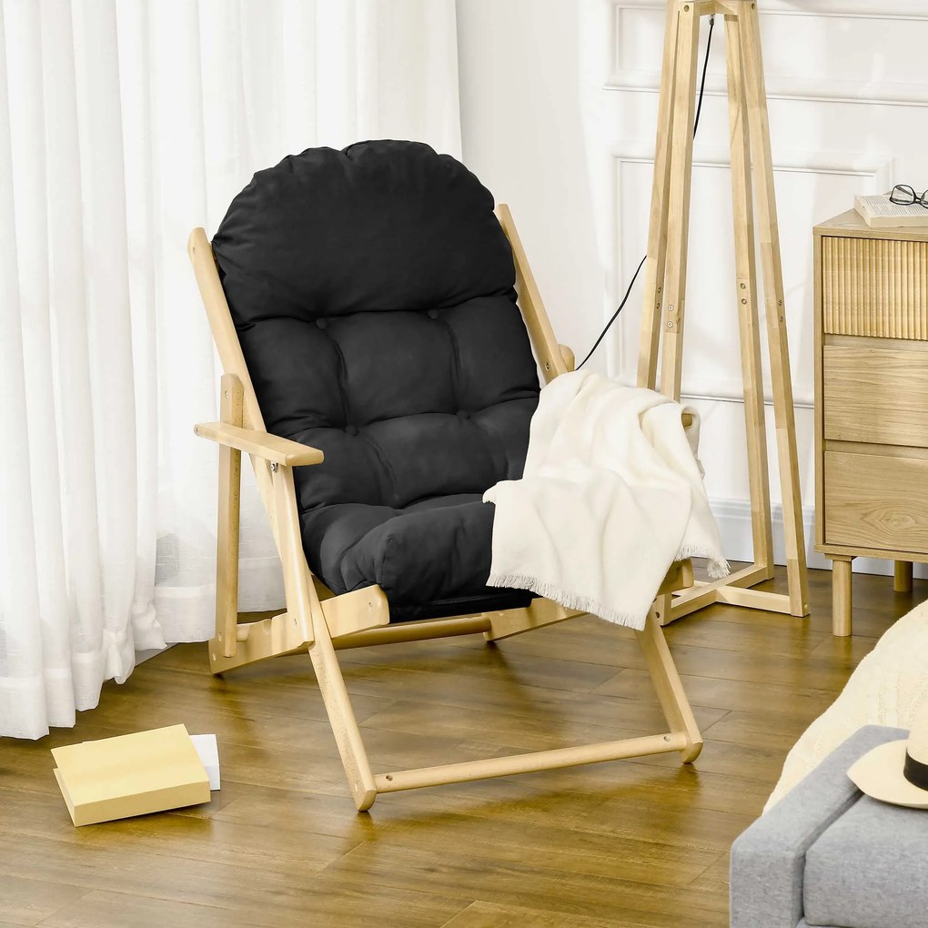 Poltrona de sala dobrável e reclinável em madeira. Poltrona relaxante e confortável com almofada acolchoada e espessa preto