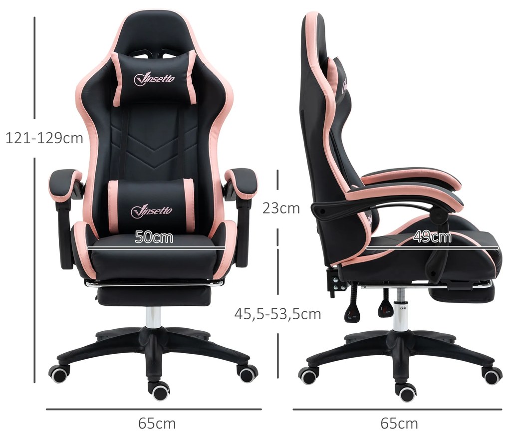 Cadeira Gaming de Couro PU com Altura Ajustável Reclinável 135° e Apoio para os Pés Retrátil 65x65x121-129 cm Rosa e Preto