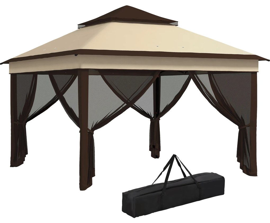 Outsunny Tenda Dobrável 3,3x3,3 m Tenda de Jardim com Altura Ajustável 4 Painéis de Malha Rede Mosquiteira Proteção UV30+ e Bolsa de Transporte Bege e Castanho | AOSOM Portugal