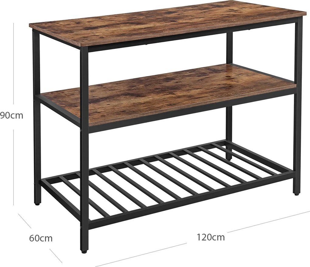 Ilha de cozinha com 3 prateleiras 120 x 60 x 90 cm castanho Vintage-preto
