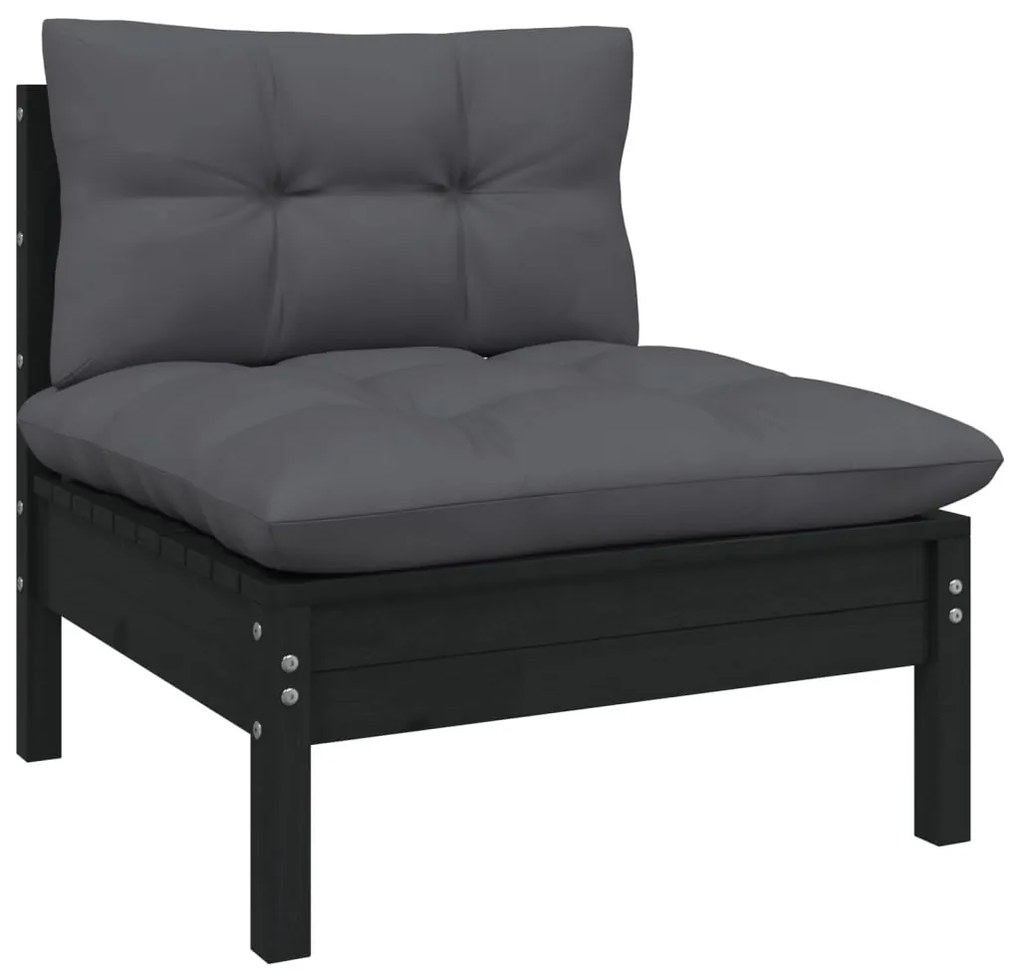 3 pcs conjunto lounge jardim c/ almofadões pinho maciço preto