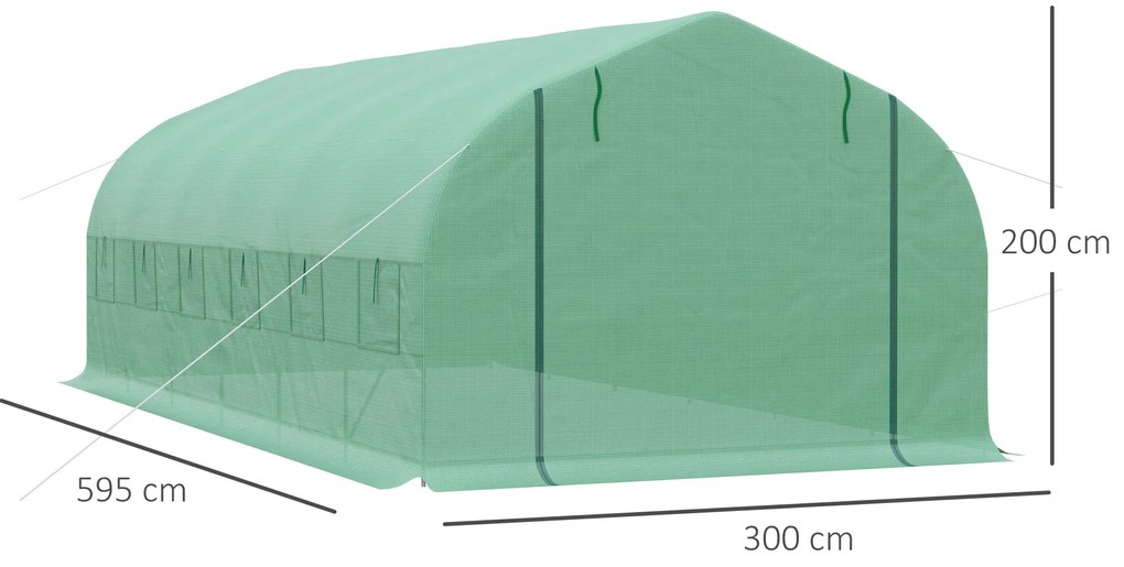 Estufa de Túnel 595x300x200cm Estufa de Jardim Grande com 12 Janelas e Porta Enrolável com Zíper para Cultivo de Plantas Verde