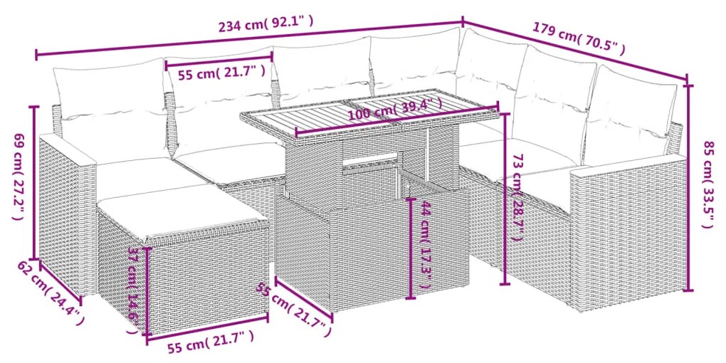 8 pcs conjunto de sofás p/ jardim com almofadões vime PE bege