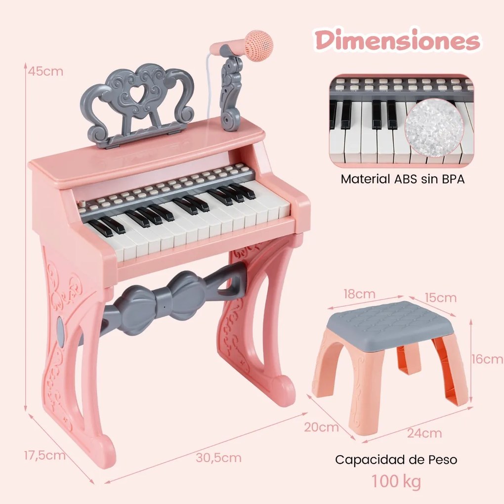Piano de 25 teclas para crianças com atril e microfone Brinquedo educativo para aprendizagem precoce 3+ anos 45 x 17,5 x 32,5 cm Rosa
