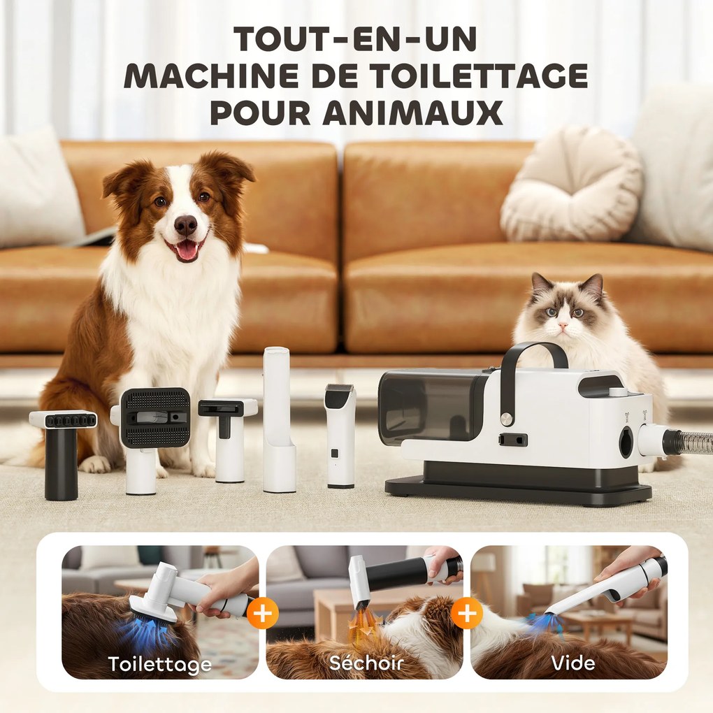 Aspirador-Secador para Cães, 37,6 x 17,5 x 18,5 cm, Função 5 em 1, Branco