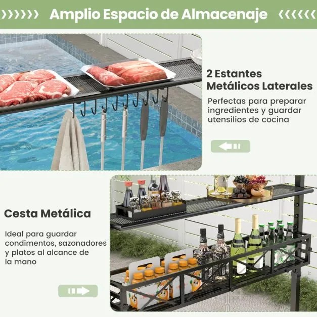 Pergula tenda para churrascos 242 x 153 cm com 2 prateleiras laterais, cesto, ganchos, abridor de garrafas, estrutura de metal para jardim ou pátio Ci