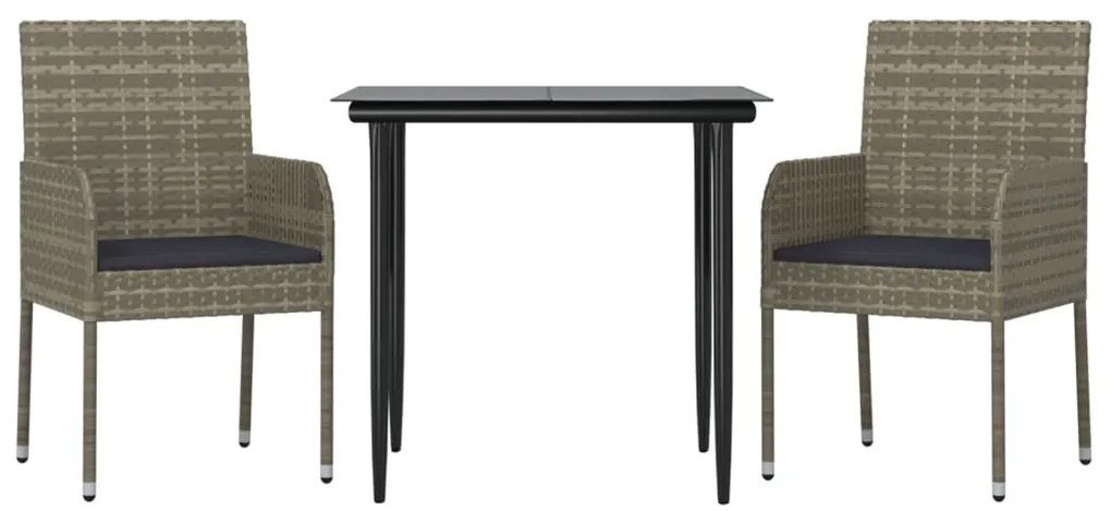 3 pcs conj. jantar p/ jardim c/ almofadões vime PE preto/cinza