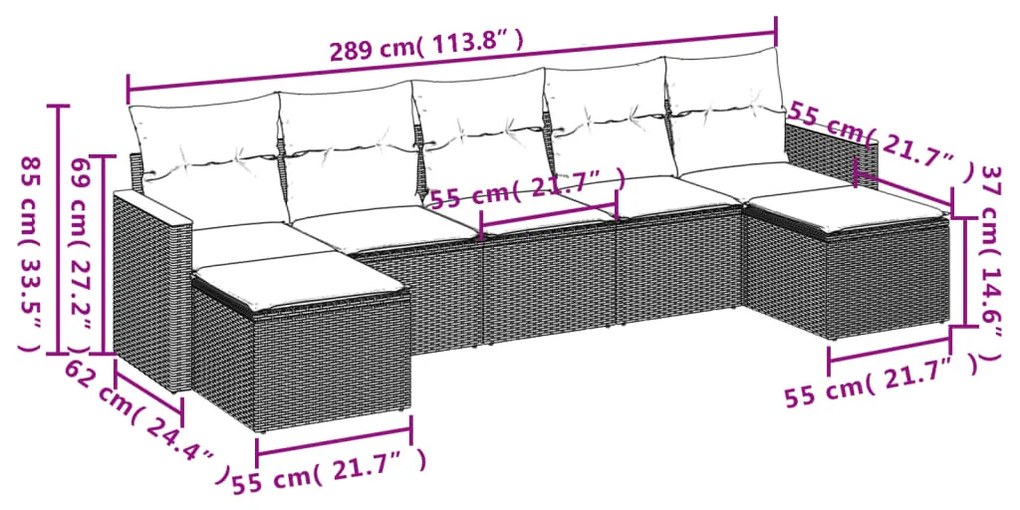 7 pcs conjunto sofás p/ jardim c/ almofadões vime PE cinzento