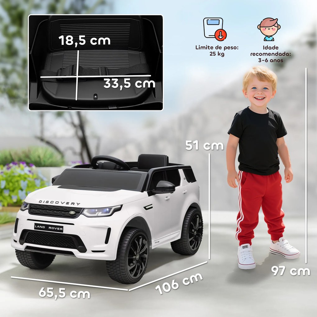 Carro Elétrico para Crianças acima de 3 Anos com Licença Land Rover Discovery Sport Carro Elétrico Infantil com Bateria 12V Controlo Remoto Faróis Buz