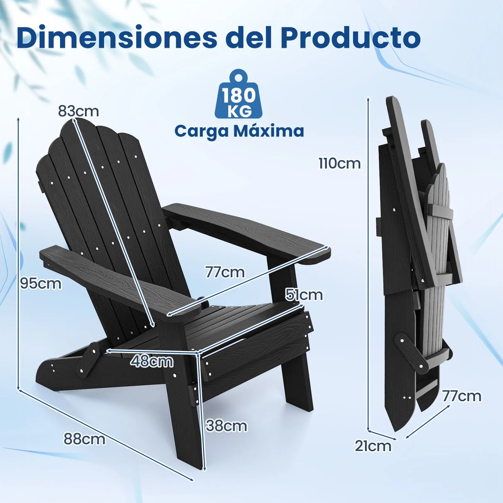 Conjunto de 2 cadeiras Adirondack dobráveis com braços largos, encosto inclinado, assento em ripas e capacidade para 180 kg, para terraço ou pátio, na