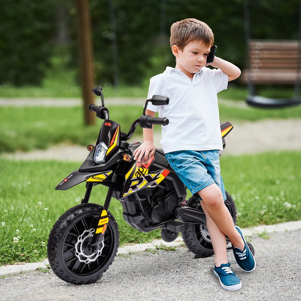 Moto Elétrica 12V para Crianças 3 aos 6 anos, 106,5 x 56 x 80 cm, Rodas de Treino Amovíveis, Amarela